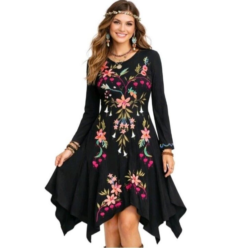 Johnny Was NWT Amarylla Embroidered Handkerchief Midi Dress Black XS